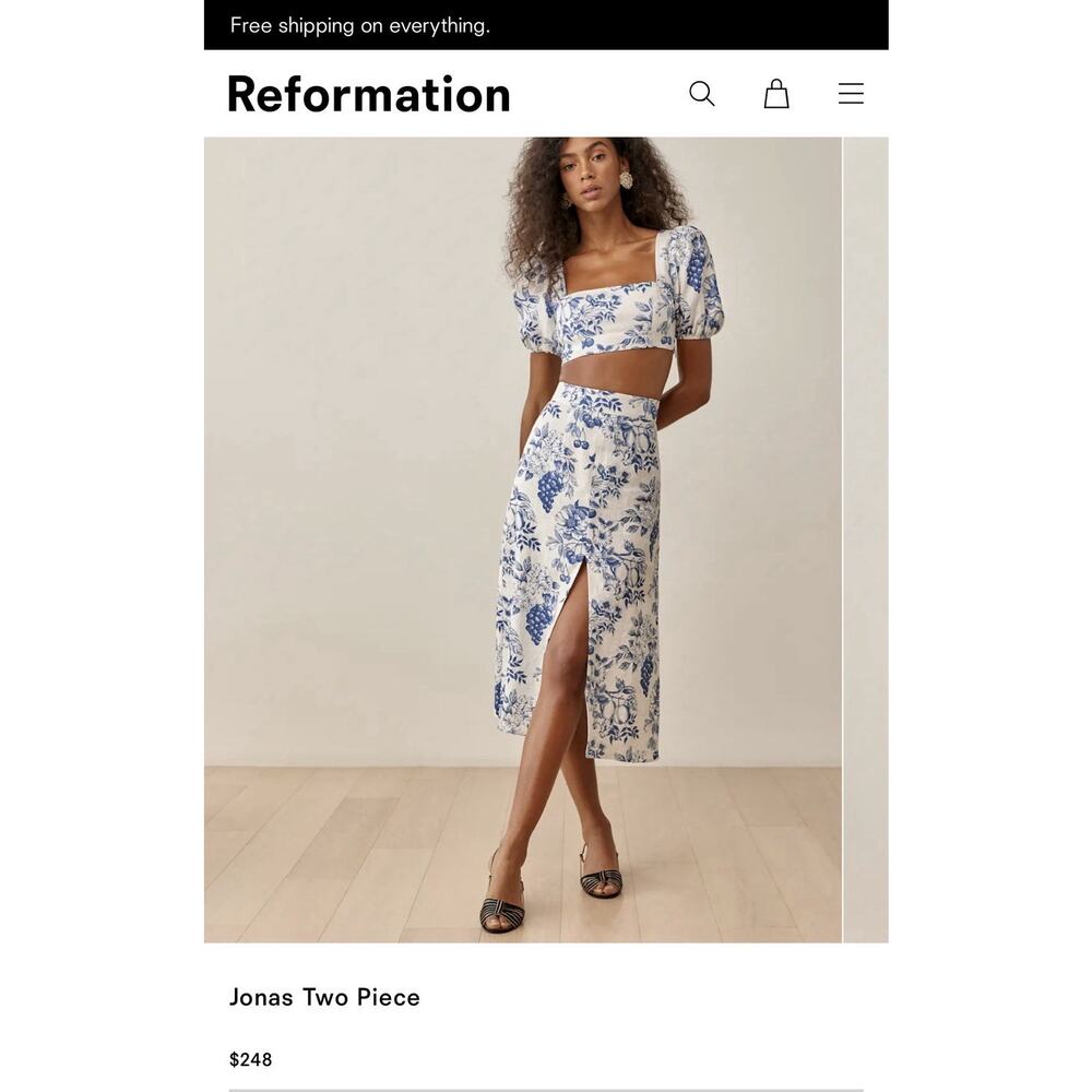 Reformation Jonas Linen 2 Piece Skirt Top Floral Sz 6 Blue White Set Resort - Picture 2 of 16